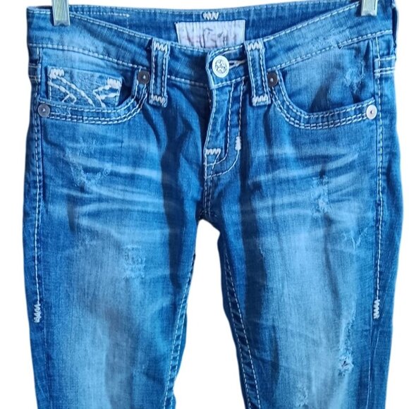 Womens Jeans Big Star 26R Jenae Blue Denim Jeans Distress Embroidered Skinny - Picture 3 of 7